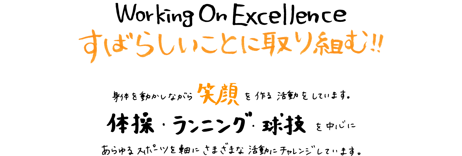 すばらしいことに取り組む!!をVisionに掲げ、体を動かしながら笑顔を作る活動をしています。体操・ランニング・球技などを中心に、あらゆるスポーツを軸にさまざまな活動にチャレンジしています。